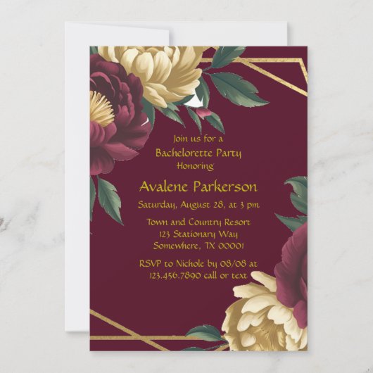 Invitation Marsala Red Gold Peony Pièce de bachelorette géomé (Devant)