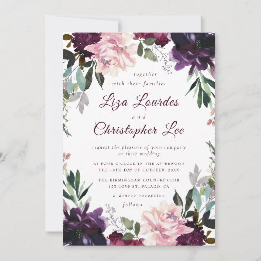 Invitation Marsala romantique Bourgogne Mariage floral (Devant)