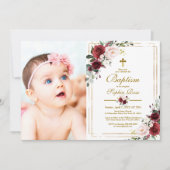 Invitation Marsala Rose & Gold Cadre Photo Fille Baptême (Devant)
