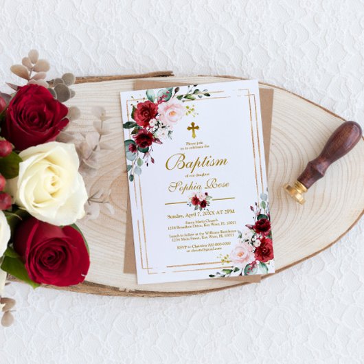 Invitation Marsala Rose & Gold Frame Girl Baptism