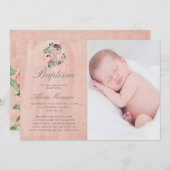 Invitation marsala rose rousse floral élégant baptême (Devant / Derrière)