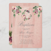 Invitation marsala rose rousse floral élégant baptême (Devant / Derrière)