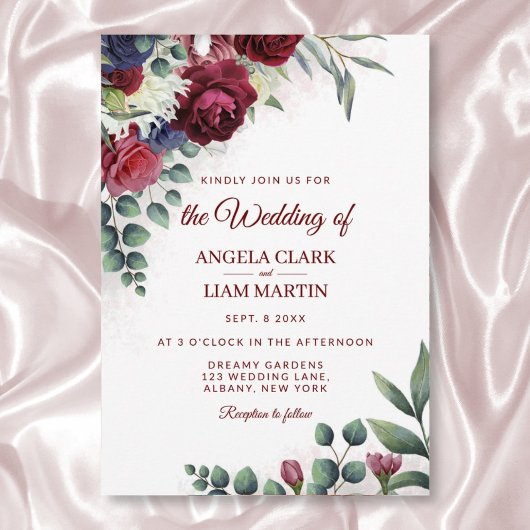 Invitation Marsala, rose vif, floral de marine