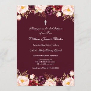 Invitation Marsala Rouge Bourgogne Aquarelle Florale Baptême