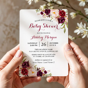 Invitation Marsala Rouge Floral Boho Baby shower Bourgogne