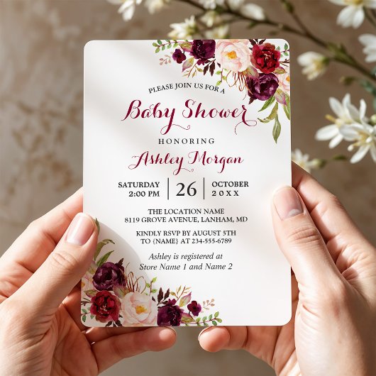 Invitation Marsala Rouge Floral Boho Baby shower Bourgogne