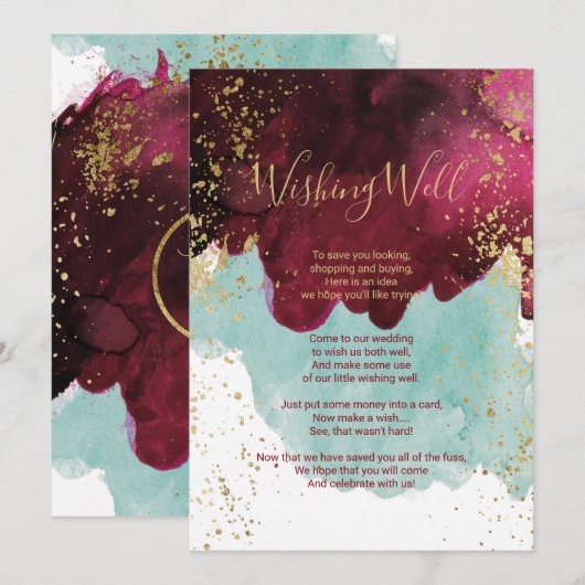 Invitation Marsala Rouge Teal Aquarelle Or Puits de Souhaits (Devant / Derrière)