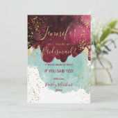 Invitation Marsala Rouge Turquoise Aquarelle dorée Splash (Debout devant)