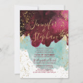 Invitation Marsala Rouge Turquoise Aquarelle or Mariage (Devant)