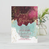 Invitation Marsala Rouge Turquoise Aquarelle or Mariage (Debout devant)