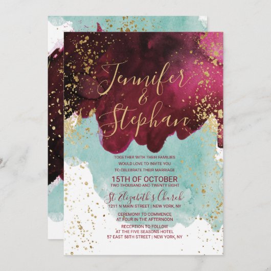 Invitation Marsala Rouge Turquoise Aquarelle or Mariage (Devant / Derrière)