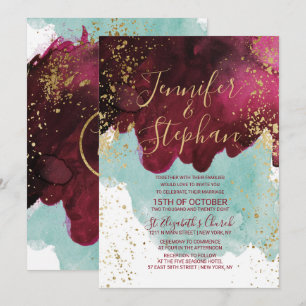 Invitation Marsala Rouge Turquoise Aquarelle or Mariage