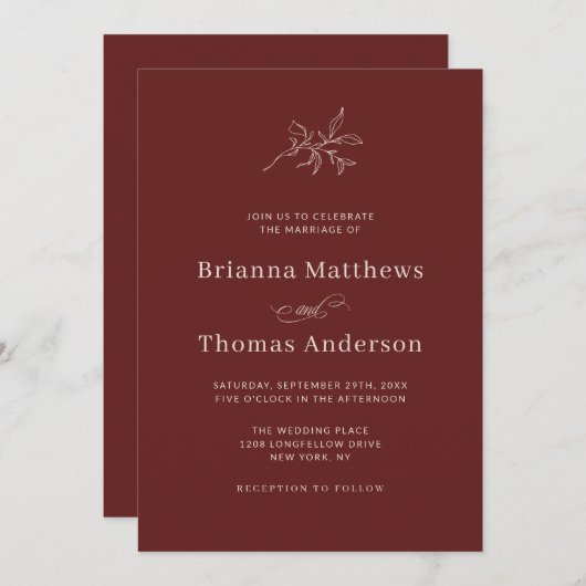 Invitation Marsala Vin Simple Mariage de automne élégant (Devant / Derrière)