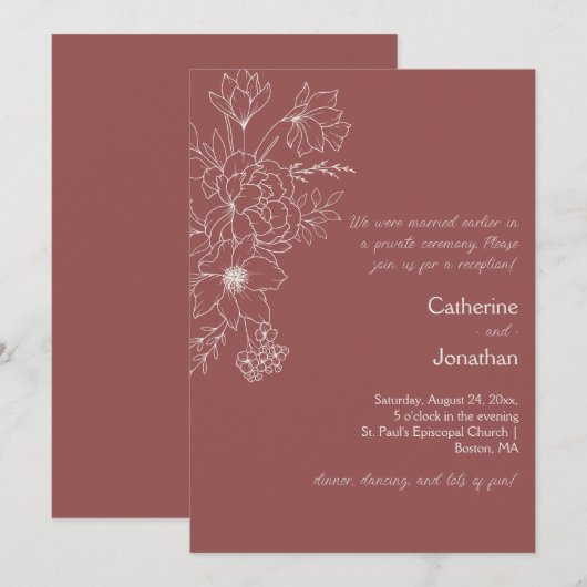 Invitation Marsala Vintage Line Drawn Floral Reception (Devant / Derrière)