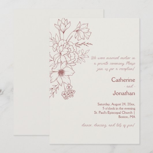 Invitation Marsala Vintage Line Drawn Floral Reception (Devant / Derrière)
