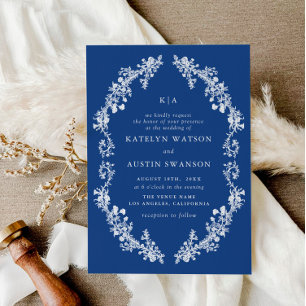 Invitation Marseille Bleu mariage vintage à fleurs