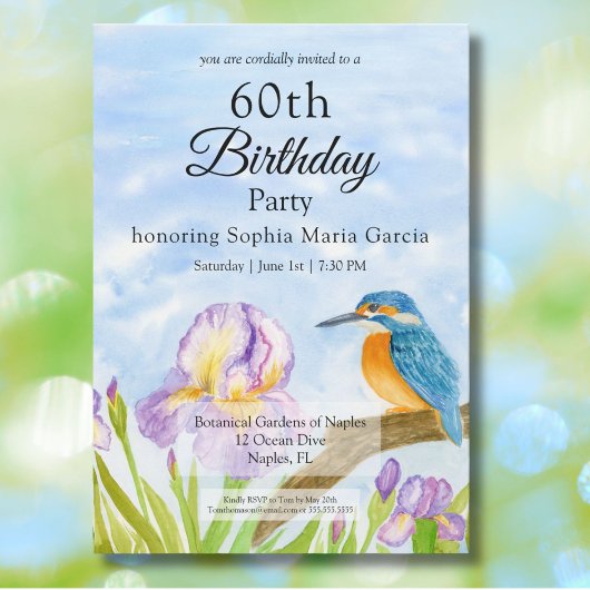 Invitation Martin-pêcheur avec iris violets pour un anniversa