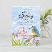 Invitation Martin-pêcheur avec iris violets pour un anniversa (Debout devant)