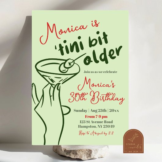 Invitation Martini 30e anniversaire Retro Green Hand Drawn