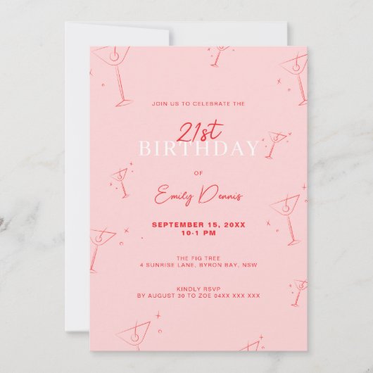 Invitation Martini à main Whimsical 21e fête d'anniversaire (Devant)
