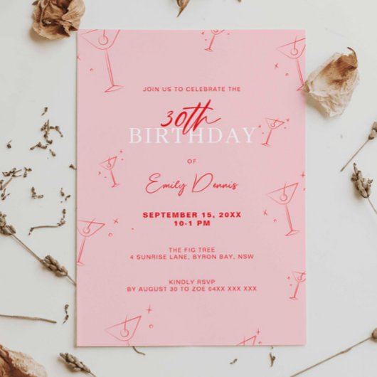 Invitation Martini à main Whimsical 30e fête d'anniversaire