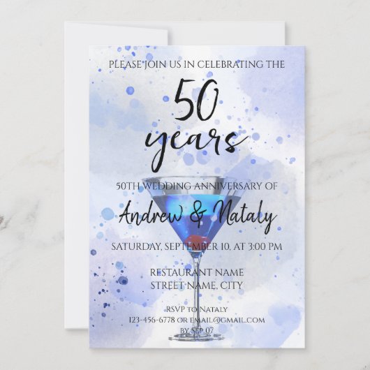 Invitation Martini bleu cocktail sur fond blanc (Devant)