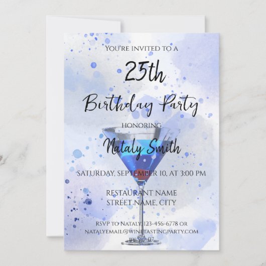 Invitation Martini bleu cocktail sur fond blanc (Devant)