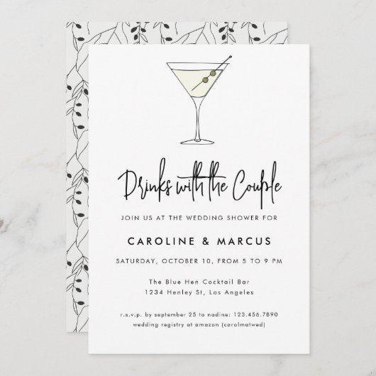 Invitation Martini Cocktail Illustration Couples Douche (Devant / Derrière)