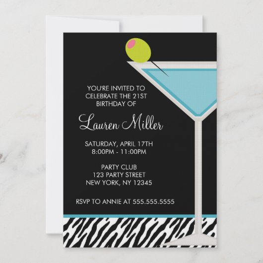 Invitation Martini et zèbre turquoise (Devant)