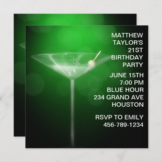 Invitation Martini Glass Mans 21e fête d'anniversaire (Devant / Derrière)