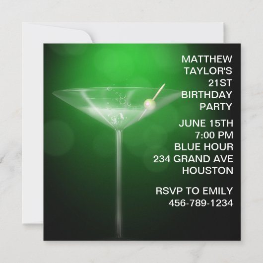Invitation Martini Glass Mans 21e fête d'anniversaire (Devant)