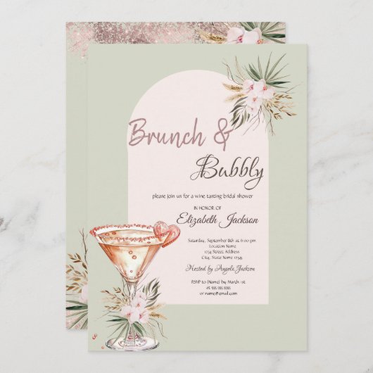 Invitation Martini Heart Boho Fleurs Brunch & Bubbly (Devant / Derrière)