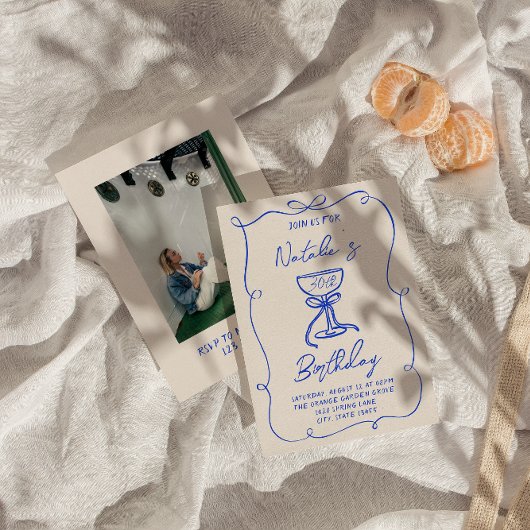 Invitation Martini photo 30th Hand Drawn Blue Bow