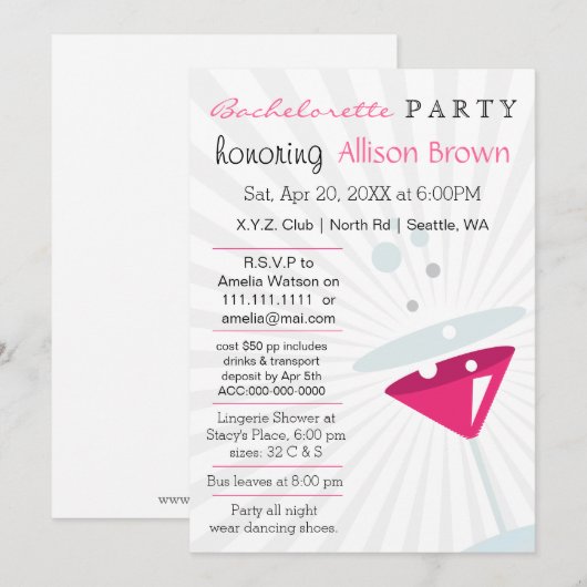 Invitation Martini rose Mod Bachelorette (Devant / Derrière)