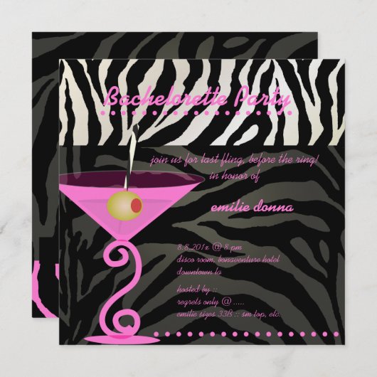 Invitation Martini rose Zebra/rose Bachelorette Party (Devant / Derrière)