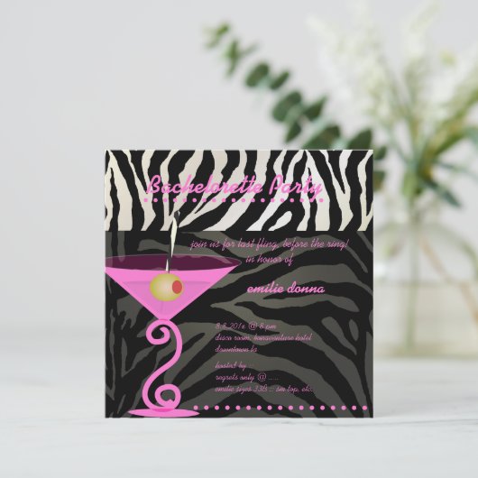 Invitation Martini rose Zebra/rose Bachelorette Party (Debout devant)