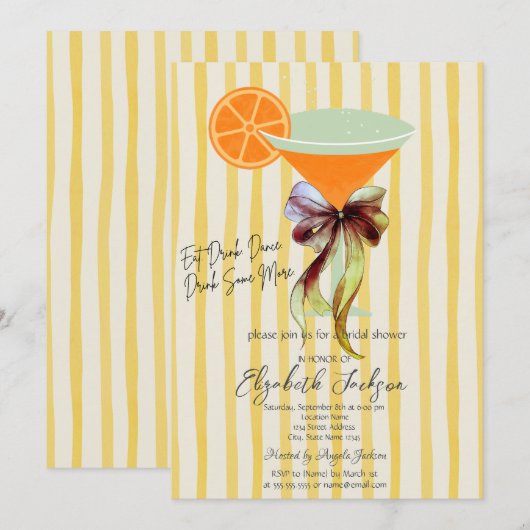 Invitation Martini Yellow Stripes Bow Bridal Shower (Devant / Derrière)