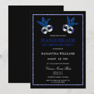 Invitation Mascarade Anniversaire 21 ans Paillettes Bleues Él