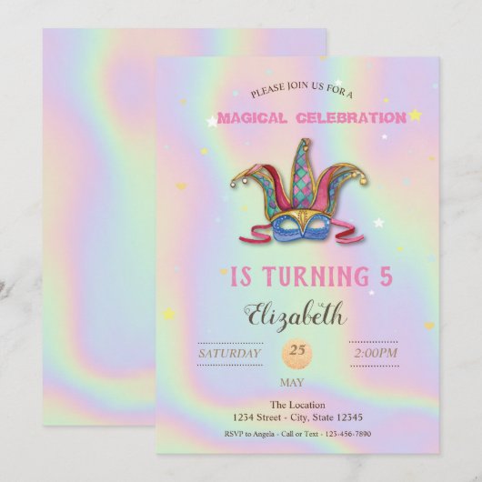 Invitation Mascarade Anniversaire Holographique (Devant / Derrière)
