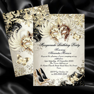Invitation Mascarade anniversaire Or Noir Crème Papillon