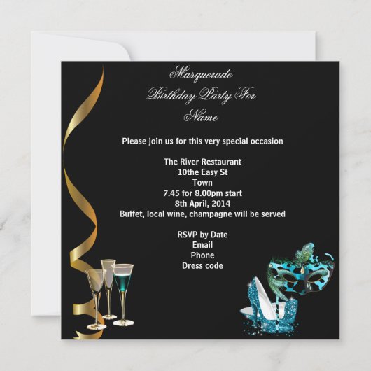 Invitation Mascarade Anniversaire Vin Turquoise Or Stiletto 2 (Dos)