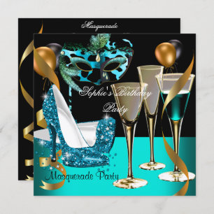 Invitation Mascarade Anniversaire Vin Turquoise Or Stiletto 2