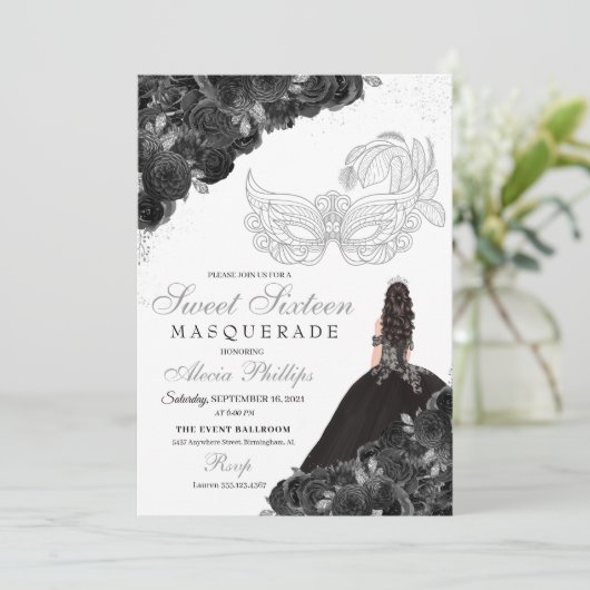 Invitation Mascarade Argent Black Princesse robe Anniversaire (Debout devant)