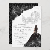 Invitation Mascarade Argent Black Princesse robe Anniversaire (Devant / Derrière)