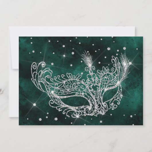 Invitation Mascarade argent parties scintillant vert quincean (Dos)