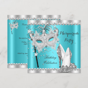 Invitation Mascarade bleu turquoise Masque Hi Heures Annivers