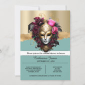 Invitation Mascarade carnaval masque visage bleu or rose rose (Devant)