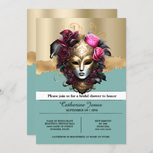 Invitation Mascarade carnaval masque visage bleu or rose rose