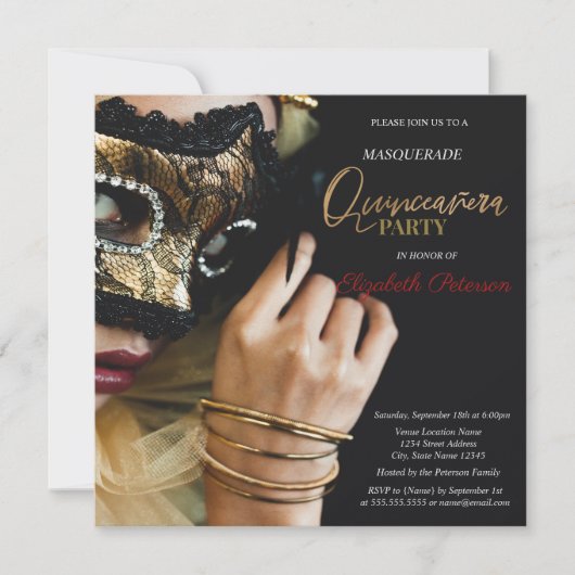 Invitation Mascarade chic Masque fille Quinceanera noir (Devant)