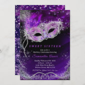 Invitation Mascarade d'anniversaire 16 ans noir et violet (Devant / Derrière)
